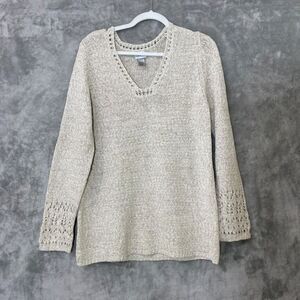 Chicos Knit Crochet Tunic Sweater Size 2 Size L 3/4 V -Neck Coastal Resort boho